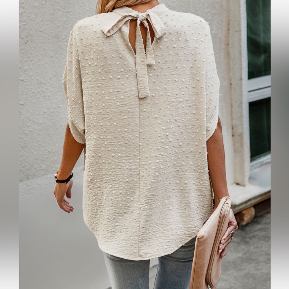 Boho Swiss Dot Batwing Sleeve Mock Neck Tie Back Top Blouse Shirt - Picture 2 of 10